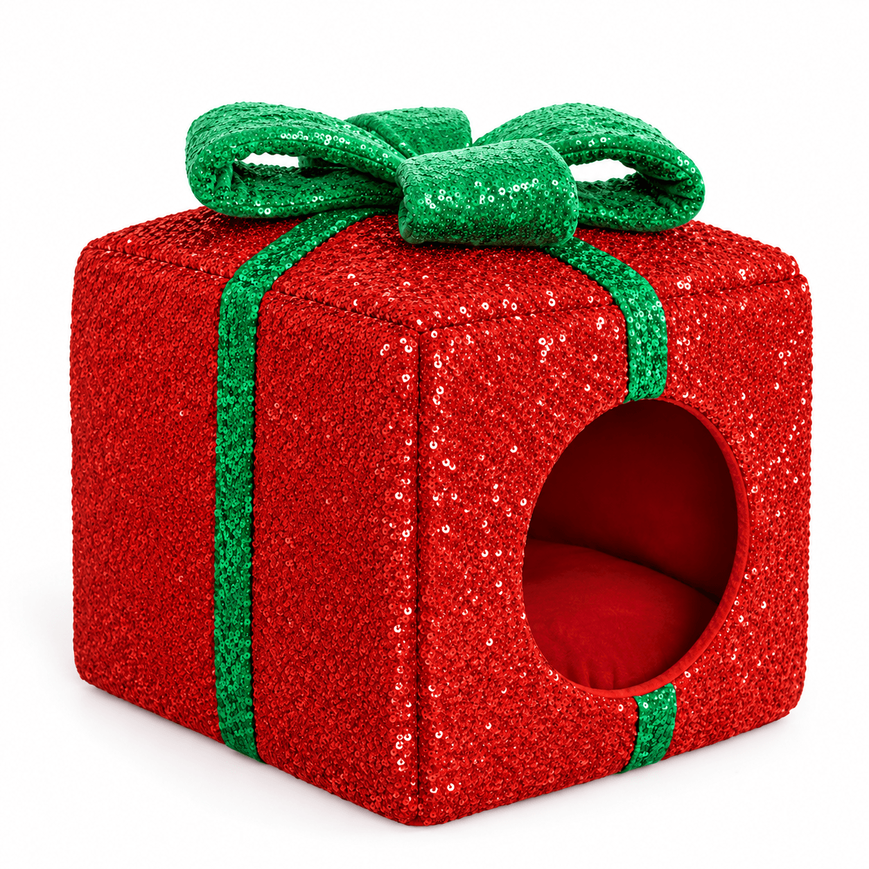 Custom Gift Box Cat Bed Manufacturer in China | OEM & ODM Christmas Red Sequin Cat Cave with Green Bow